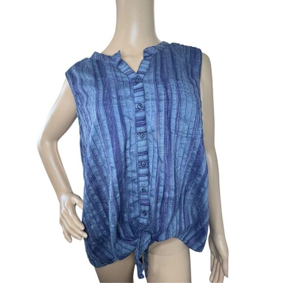 Ariat Blue Striped Sleeveless Button Up Collared Blouse With Front Tie - Picture 1 of 4
